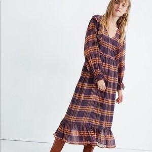 Madewell Sheer Plaid Long Sleeve Ruffle midi Dress size 2 New